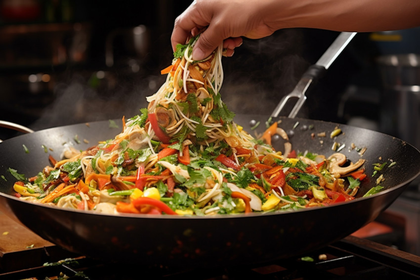 Skilled chef expertly stir fries vegetables in a wok