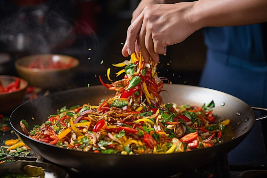 Skilled chef expertly stir fries vegetables in a wok