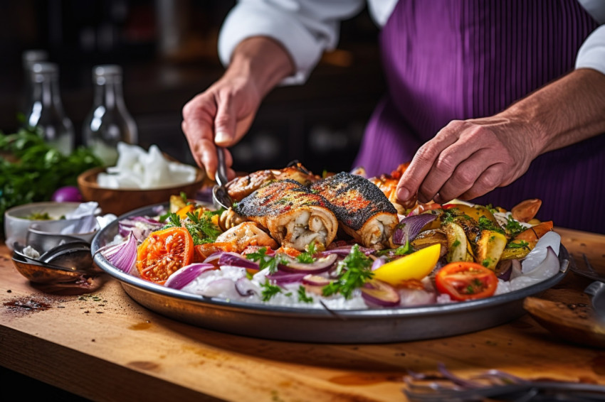 Skilled chef adding a final touch to an elegant seafood platter