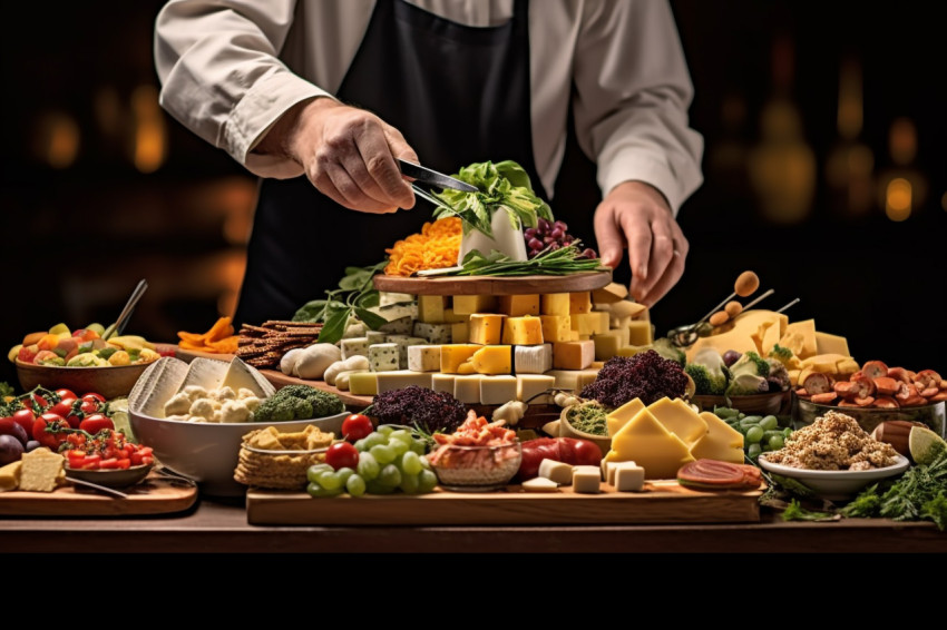 Skilled chef artfully arranges a gourmet cheese platter