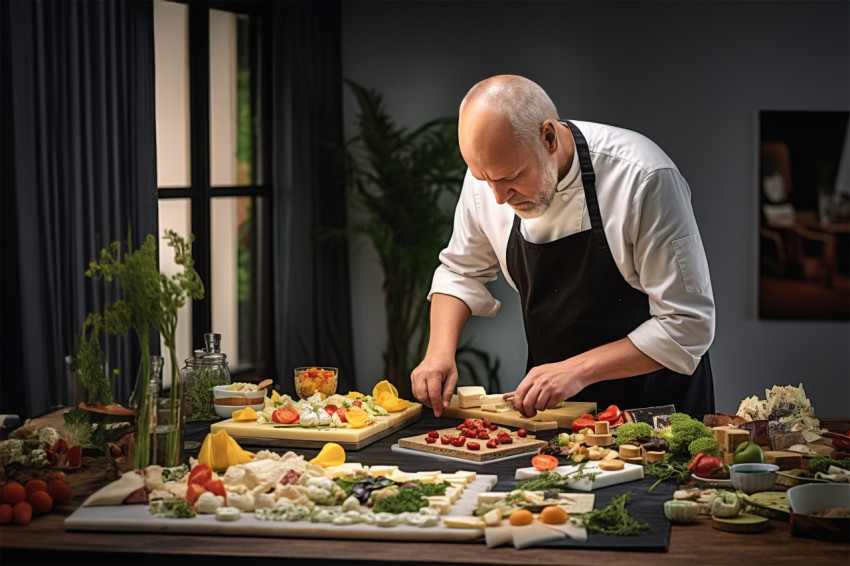 Skilled chef artfully arranges a gourmet cheese platter