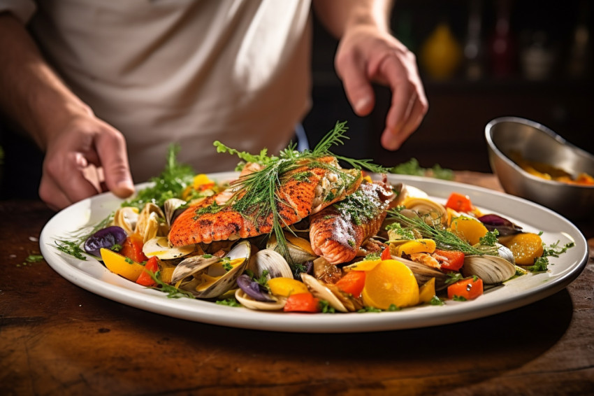 Skilled chef adding a final touch to an elegant seafood platter