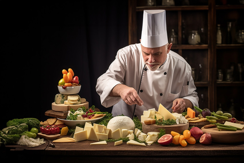 Skilled chef artfully arranges a gourmet cheese platter