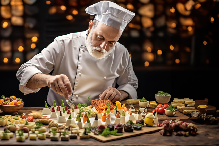 Skilled chef artfully arranges a gourmet cheese platter