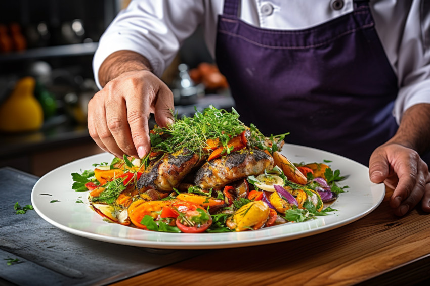 Skilled chef adding a final touch to an elegant seafood platter