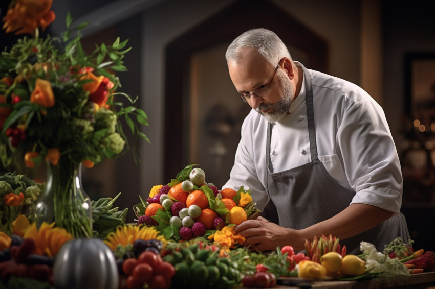 Skilled chef crafts a vibrant fruit bouquet