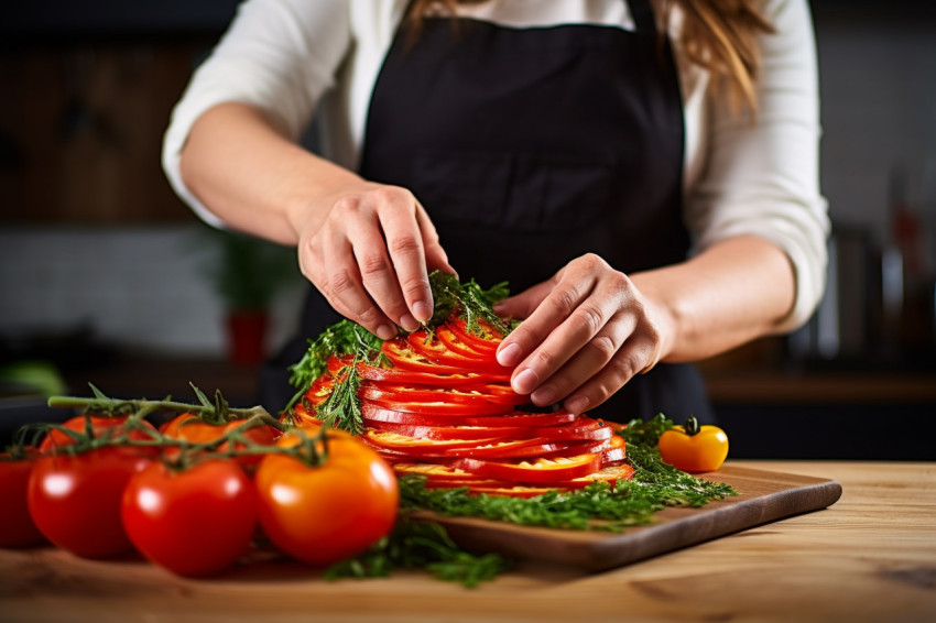 Skilled woman chef expertly cuts fresh fruit