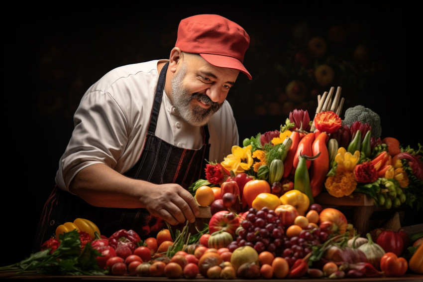 Skilled chef crafts a vibrant fruit bouquet