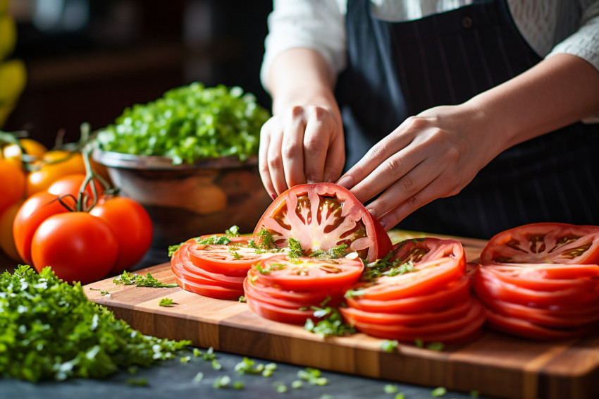 Skilled woman chef expertly cuts fresh fruit