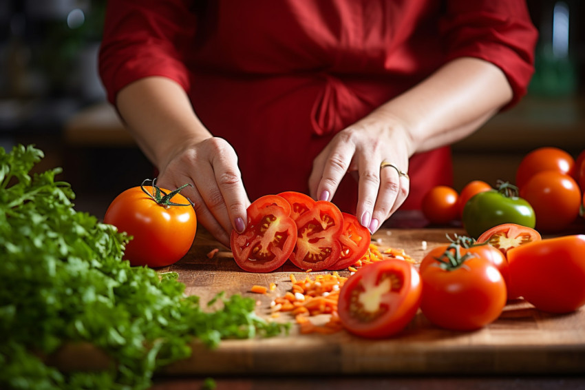 Skilled woman chef expertly cuts fresh fruit