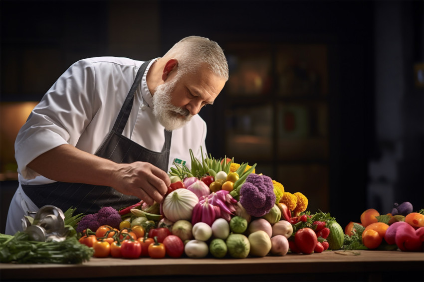 Skilled chef crafts a vibrant fruit bouquet