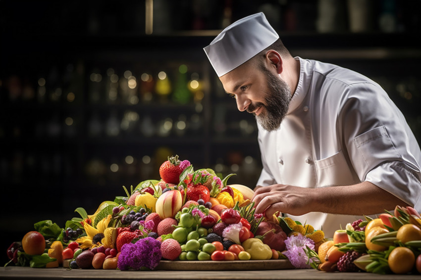 Skilled chef crafts a vibrant fruit bouquet