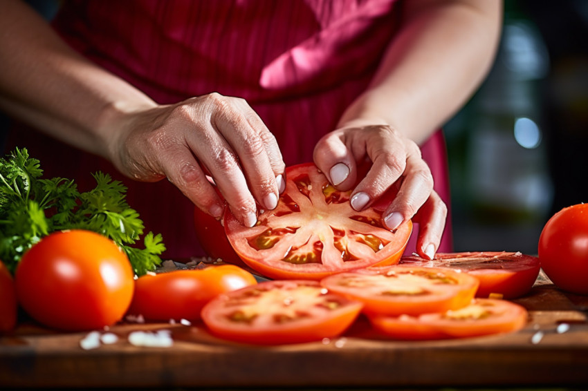 Skilled woman chef expertly cuts fresh fruit