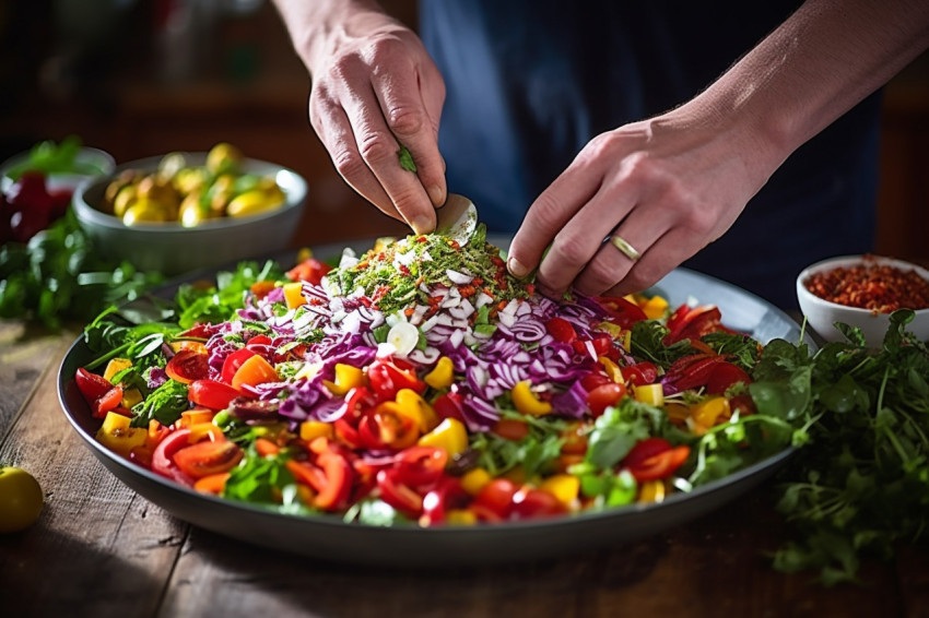 Skilled chef artfully arranges a vibrant salad