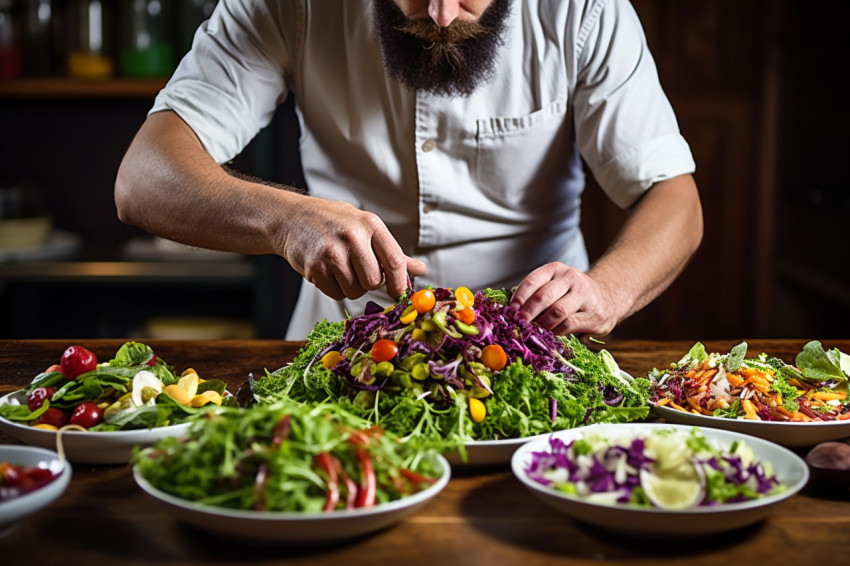 Skilled chef artfully arranges a vibrant salad