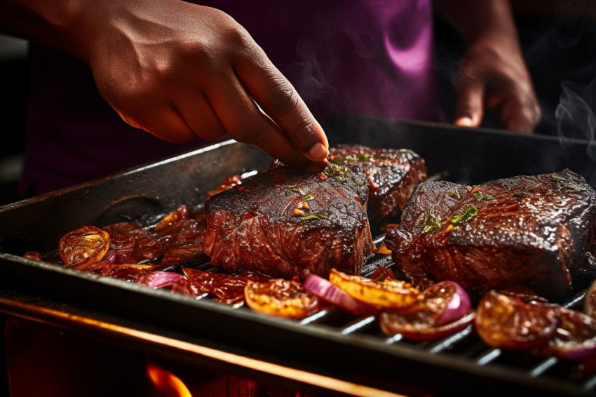 Skilled chef perfectly sears a juicy steak