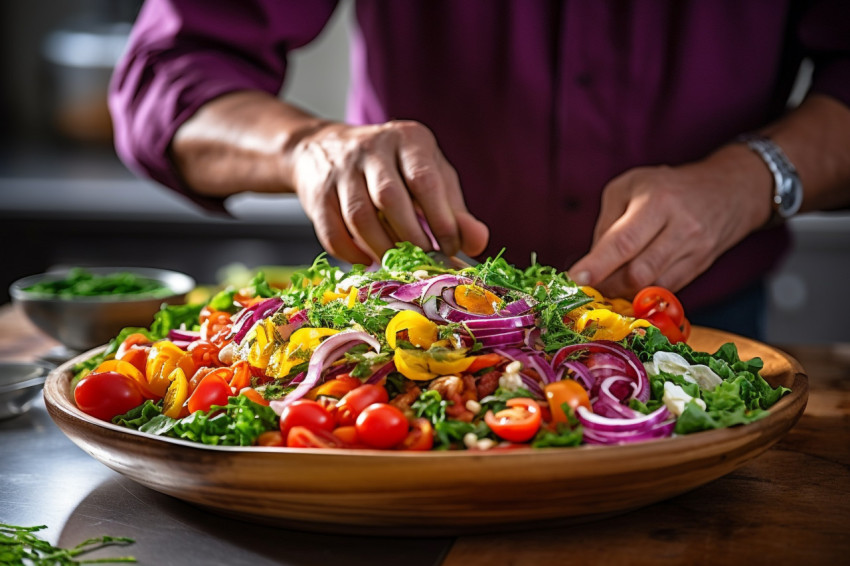 Skilled chef artfully arranges a vibrant salad