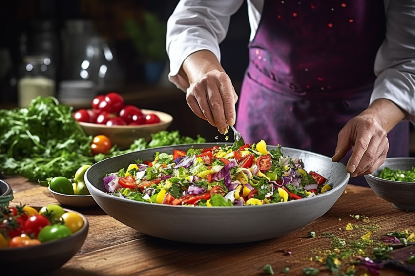 Skilled chef artfully arranges a vibrant salad