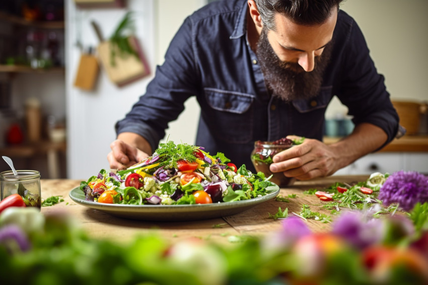 Skilled chef artfully arranges a colorful veggie meal