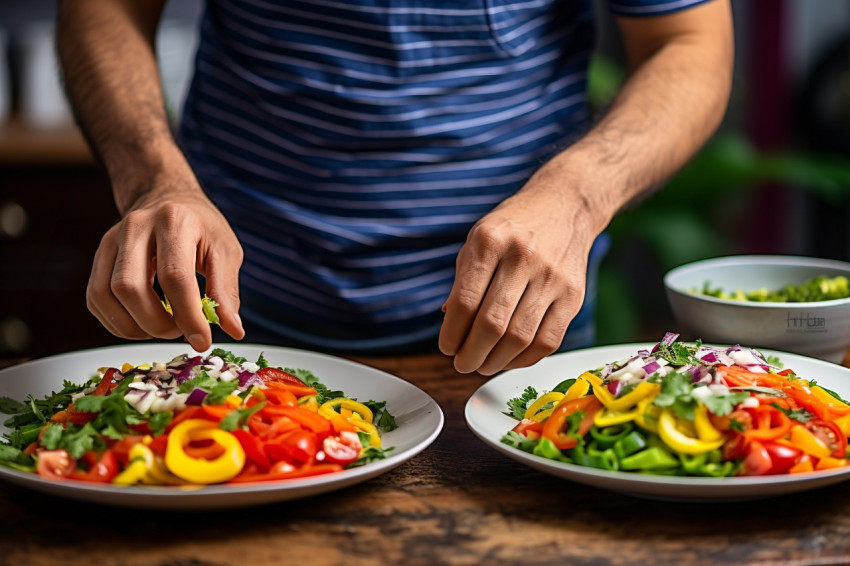 Skilled chef artfully arranges a colorful veggie meal