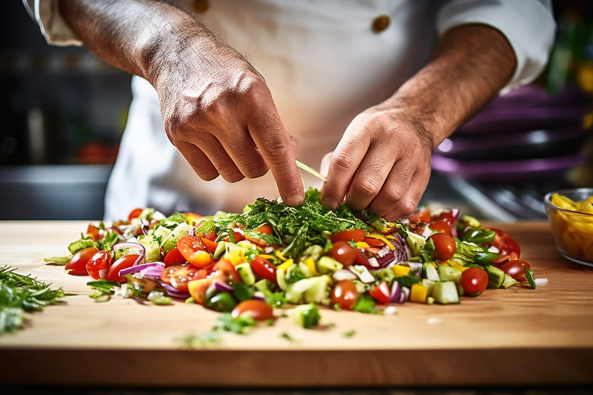 Skilled chef artfully arranges a colorful veggie meal