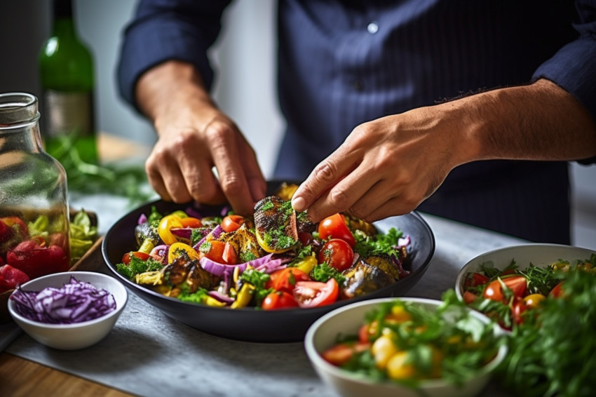 Skilled chef artfully arranges a colorful veggie meal