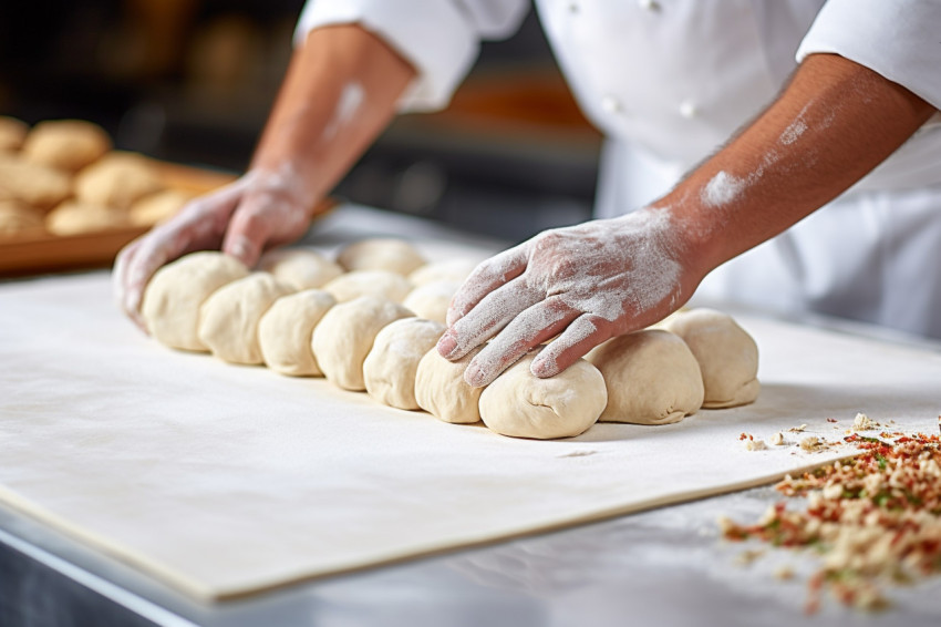 Skilled pizza maker prepares hand-tossed pizza crust in a bustling Italian restaurant