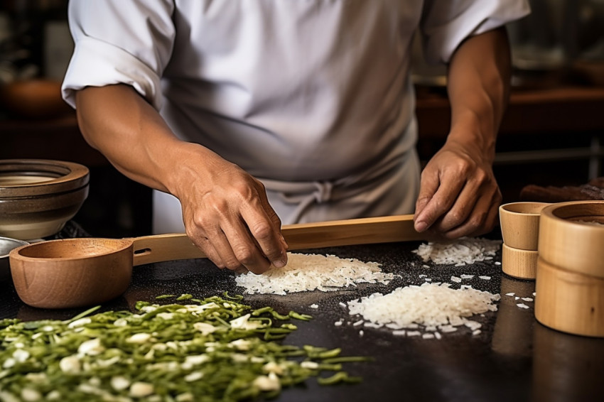 Skilled chef expertly crafts sushi rice