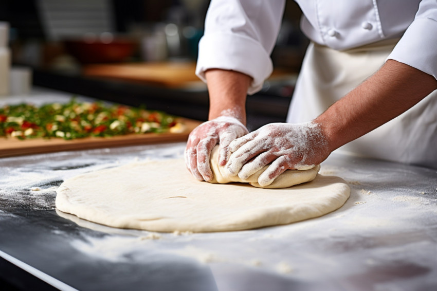 Skilled pizza maker prepares hand-tossed pizza crust in a bustling Italian restaurant