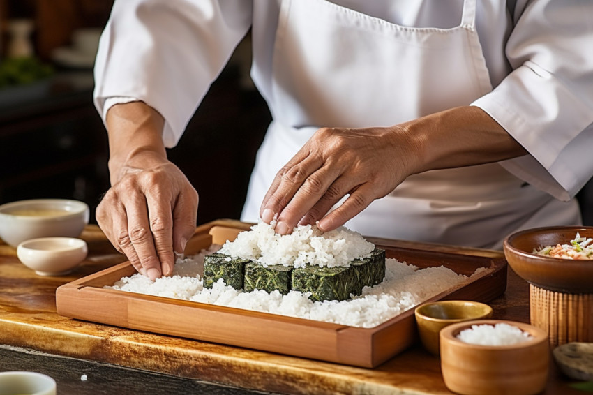 Skilled chef expertly crafts sushi rice