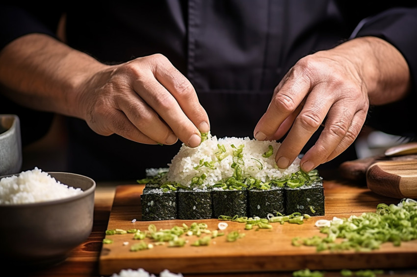 Skilled chef expertly crafts sushi rice