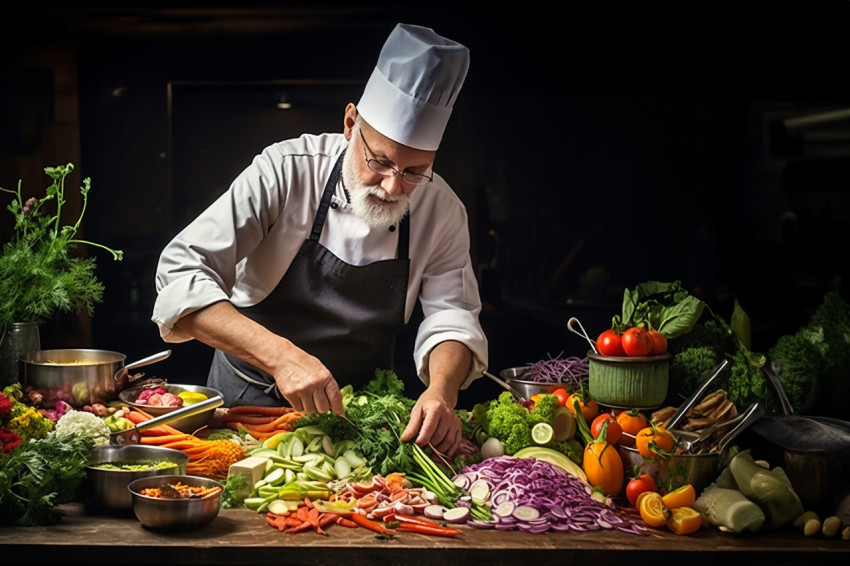 Expert chef expertly cuts vegetables into thin strips