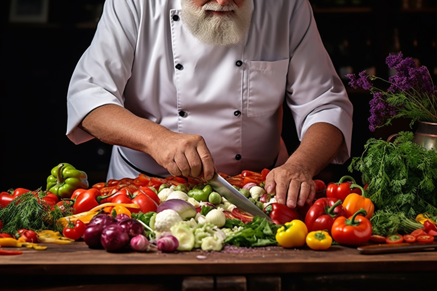 Expert chef expertly cuts vegetables into thin strips