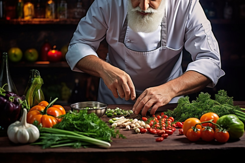 Expert chef expertly cuts vegetables into thin strips