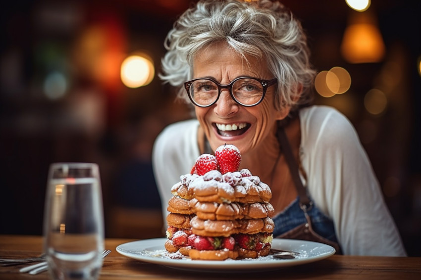 Elegant woman enjoys tasty dessert at a fancy restaurant