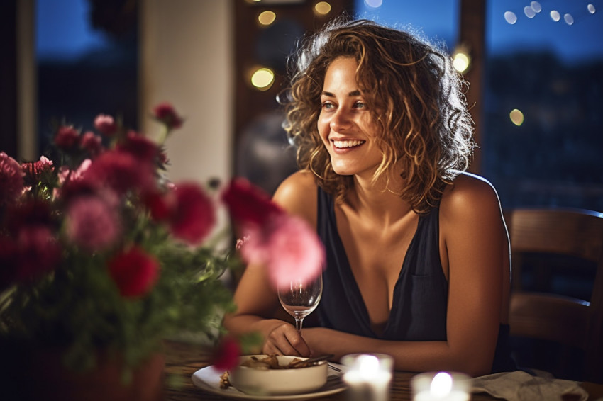 Happy woman relishing a romantic candlelit dinner