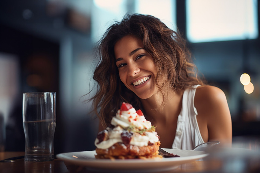 Elegant woman enjoys tasty dessert at a fancy restaurant