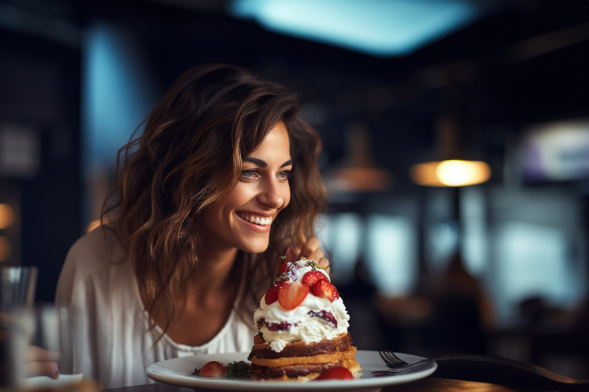 Elegant woman enjoys tasty dessert at a fancy restaurant