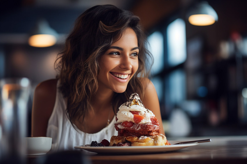 Elegant woman enjoys tasty dessert at a fancy restaurant