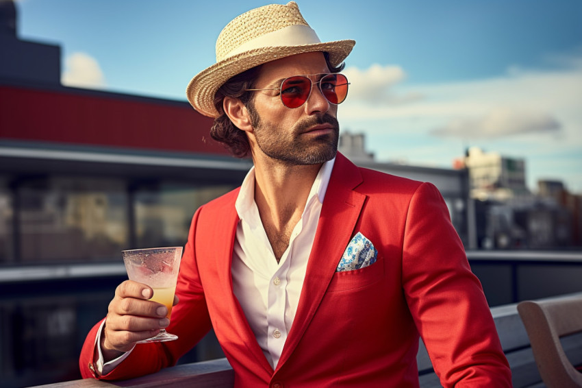 Stylish man enjoys drinks at a rooftop lounge