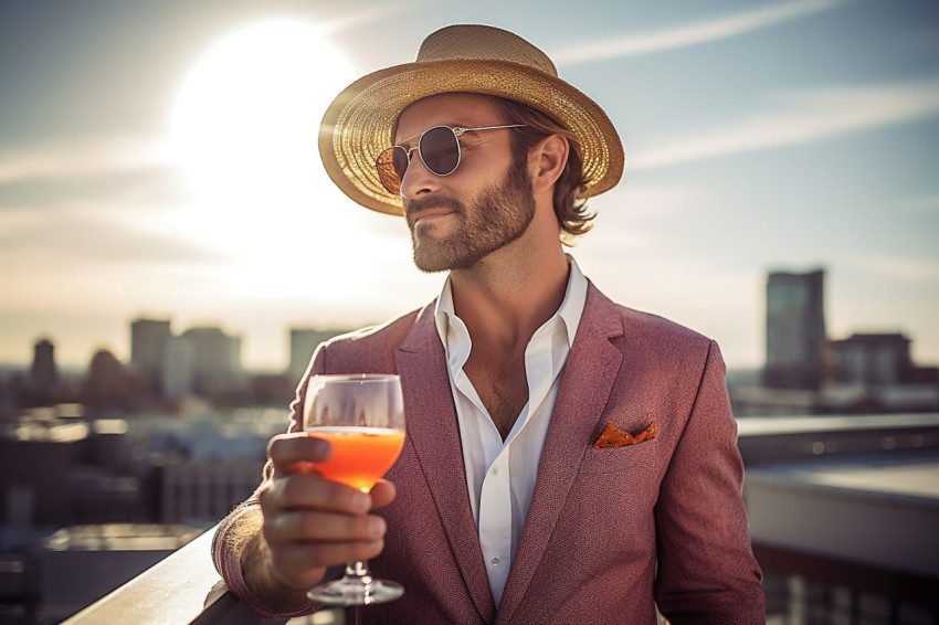 Stylish man enjoys drinks at a rooftop lounge