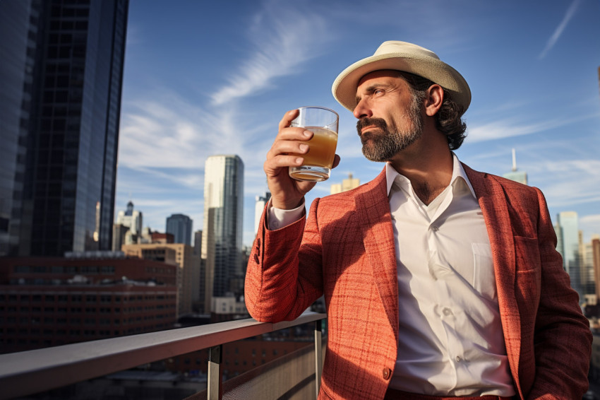 Stylish man enjoying drinks at a rooftop lounge