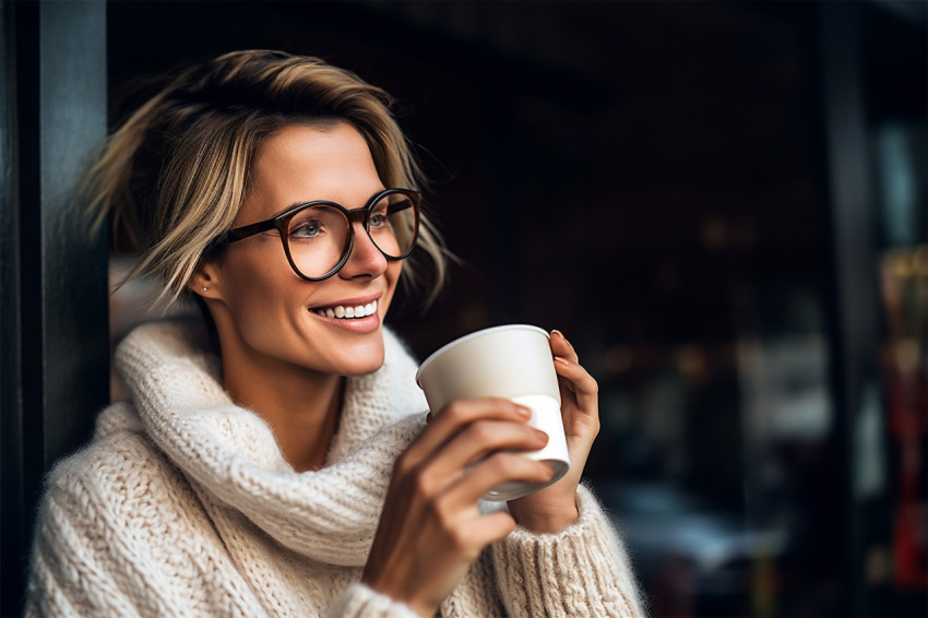 Stylish woman enjoys a latte at a trendy cafe