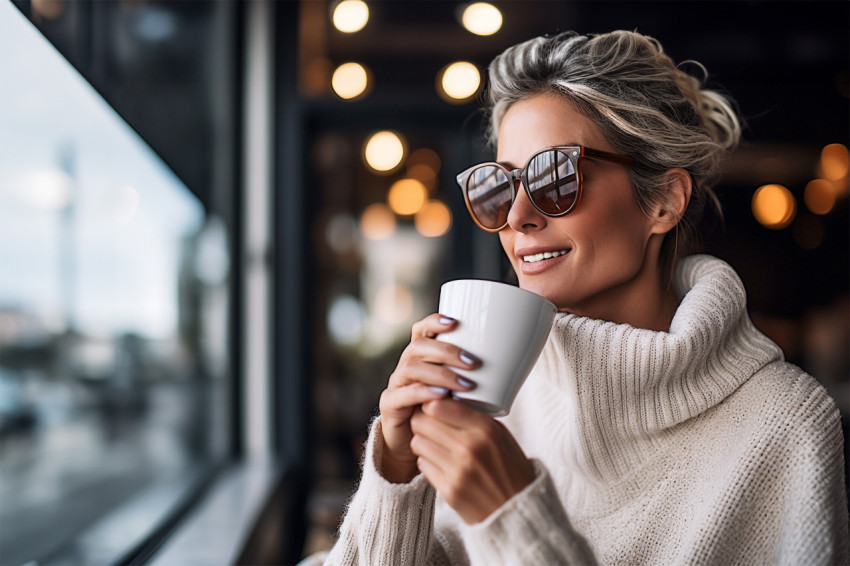 Stylish woman enjoys a latte at a trendy cafe