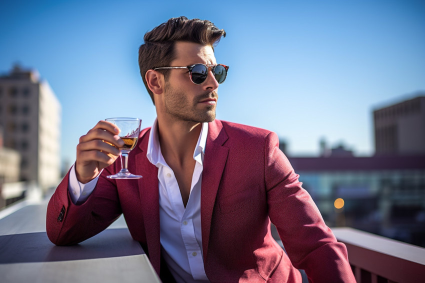 Stylish man enjoying drinks at a rooftop lounge