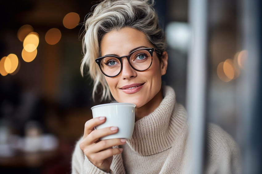 Stylish woman enjoys a latte at a trendy cafe