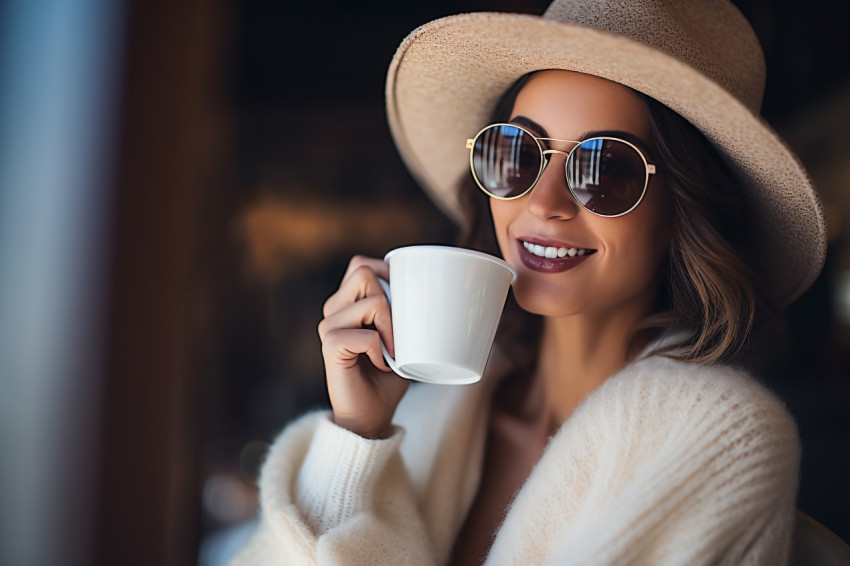 Stylish woman enjoys a latte at a trendy cafe