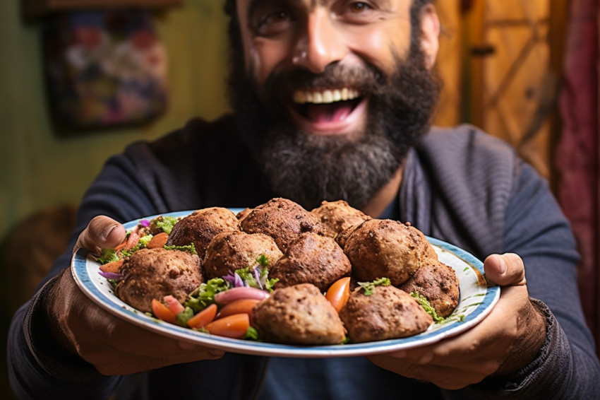 Stylish man enjoys delicious Middle Eastern falafel