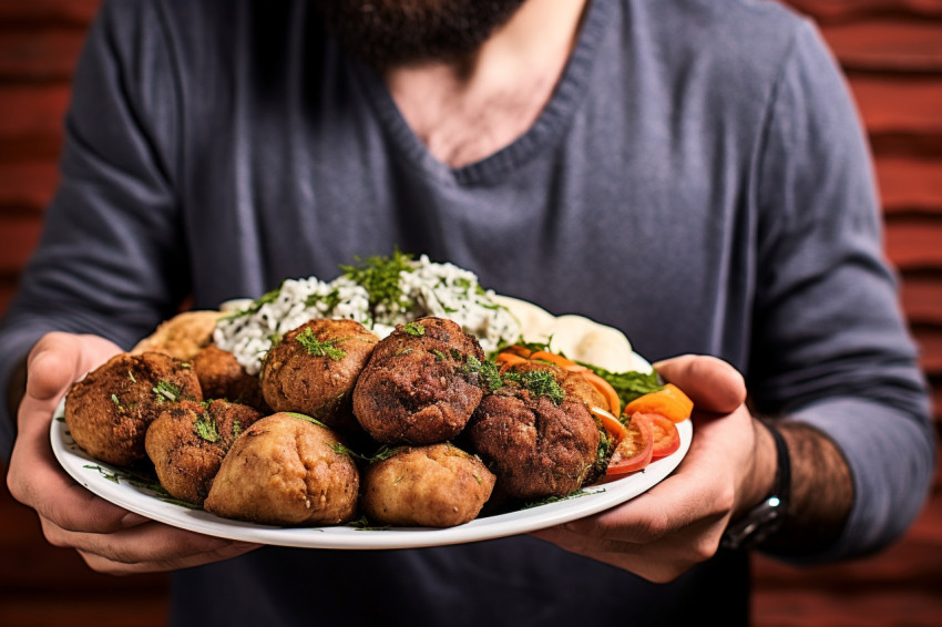 Stylish man enjoys delicious Middle Eastern falafel