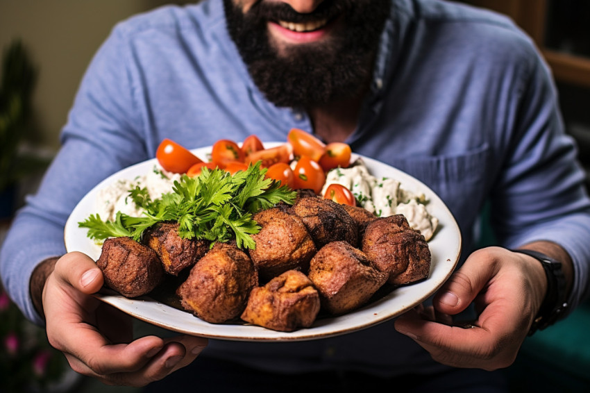 Stylish man enjoys delicious Middle Eastern falafel